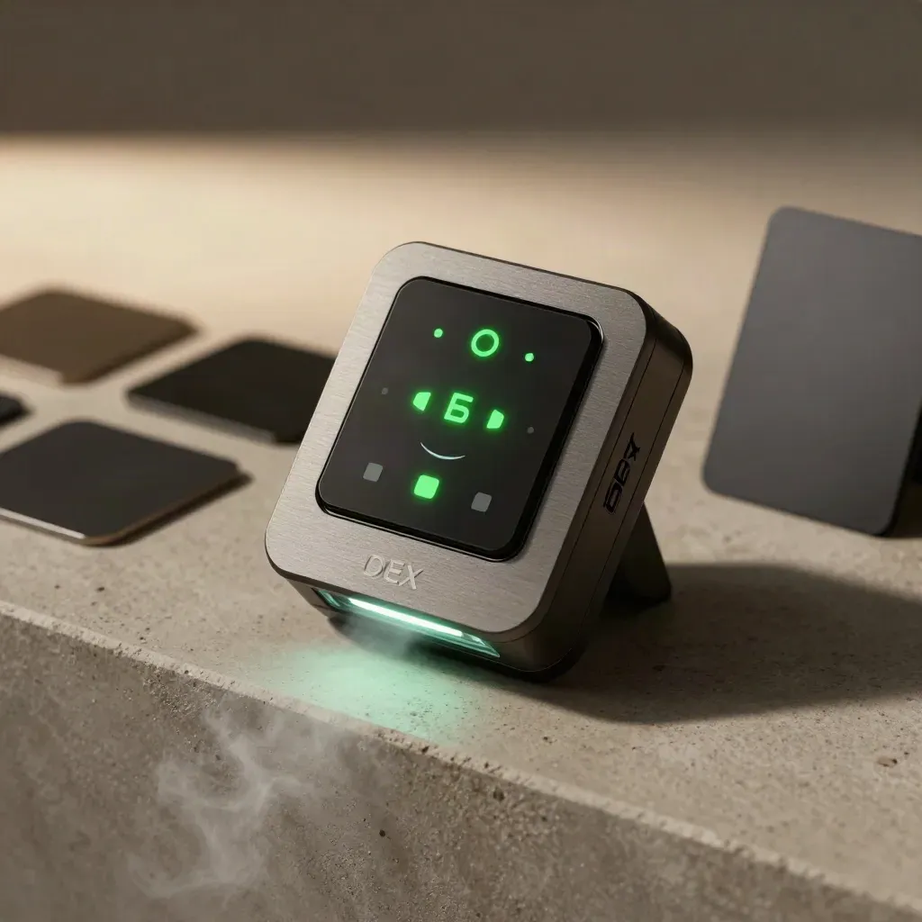 Glowing crypto alert beacon with tiles and glass ring on a concrete ledge