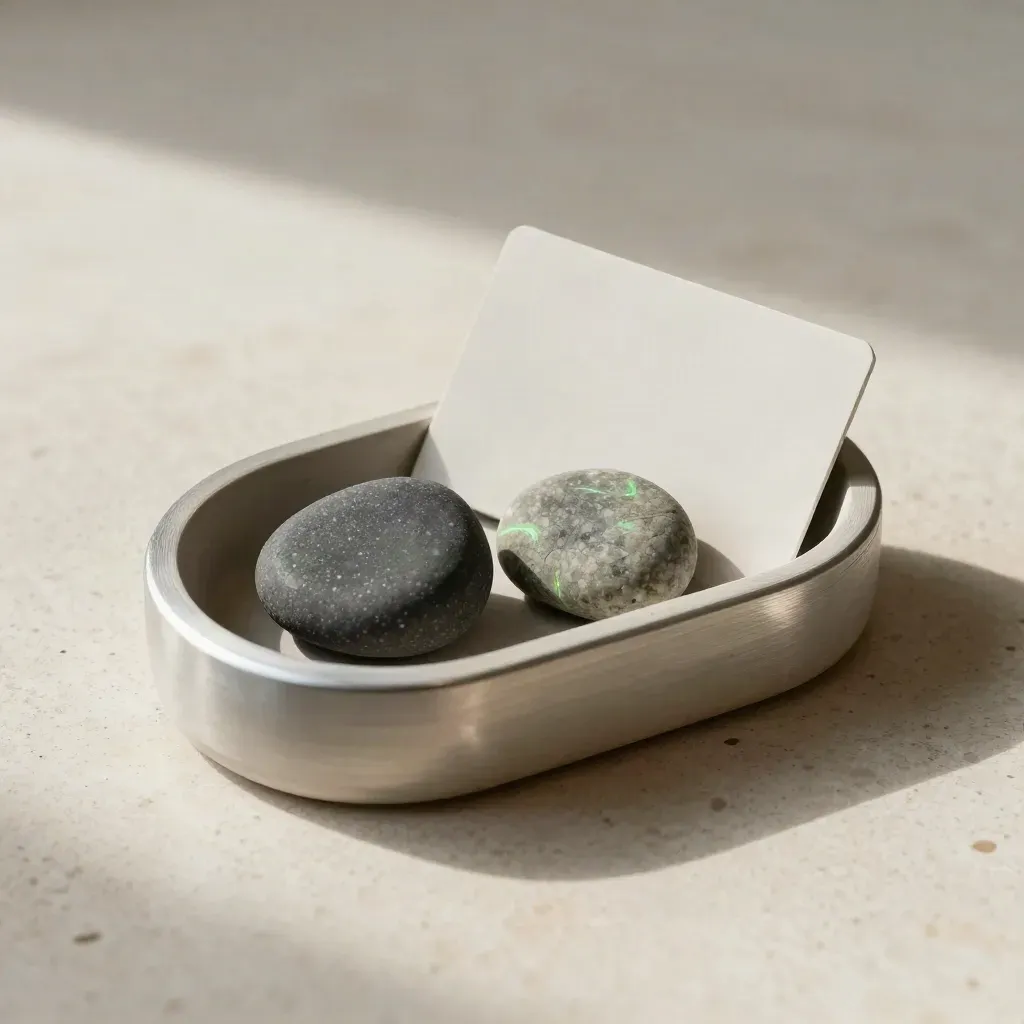 Plaster cradle with token pebbles and a pale card on travertine, softly lit and diagonal.