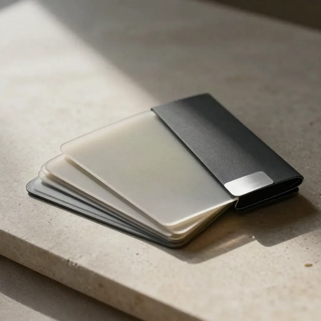 Layered crypto staking cards fanned on pale stone with soft navy shadows