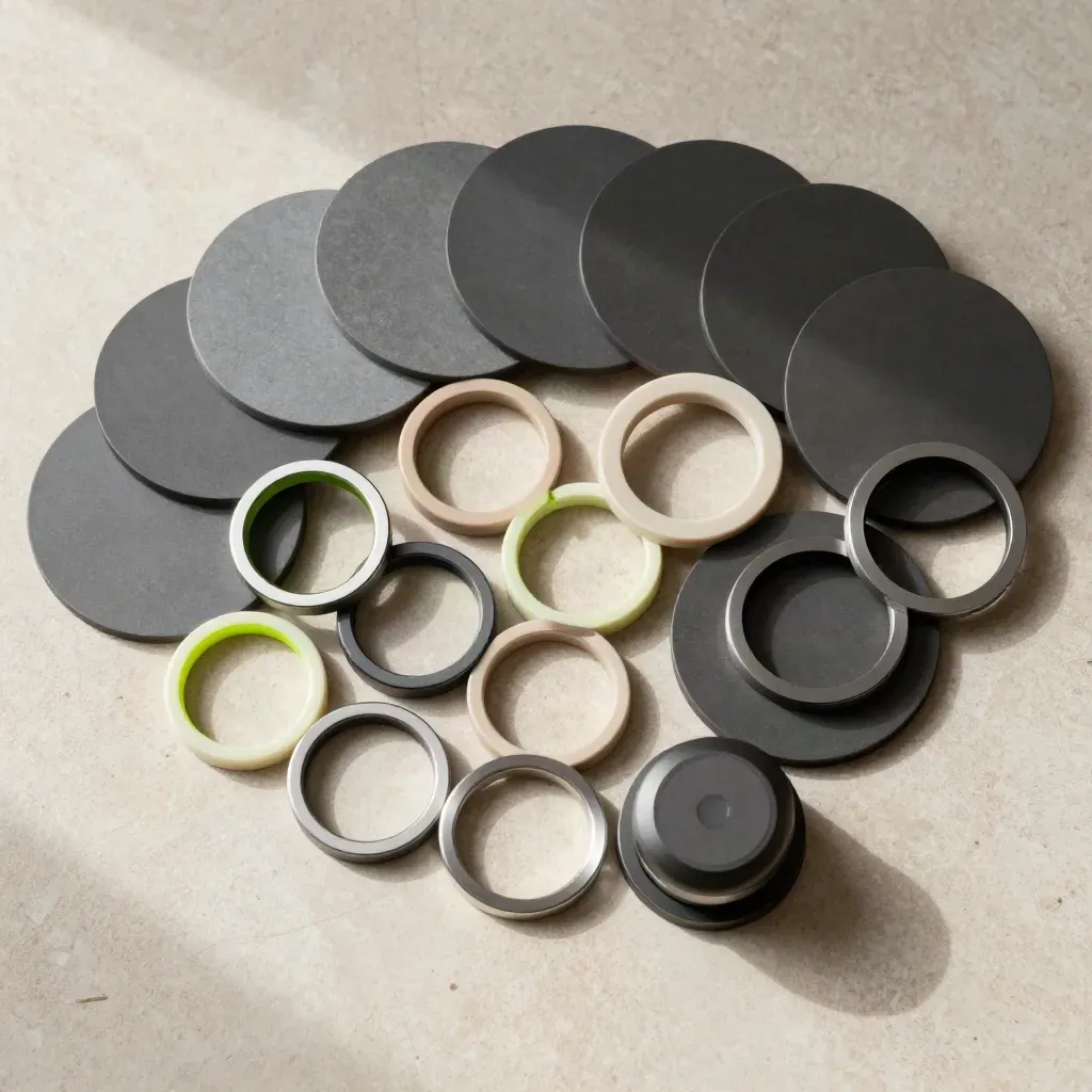 Overhead flatlay of pool discs, connector rings and a dark hub on pale stone.